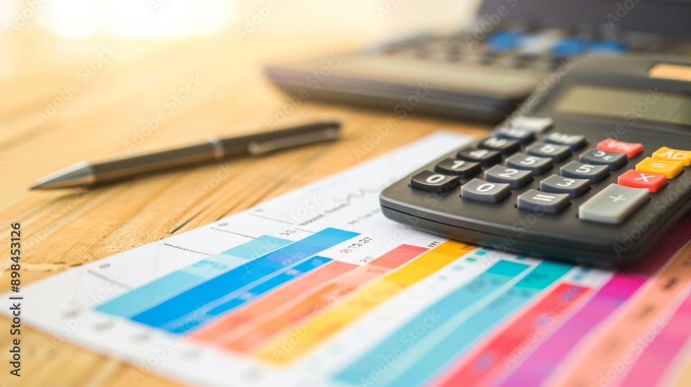 A calculator and pen on top of financial reports with colorful graphs on a wooden desk. Concept of financial analysis, business planning, office work, and economic data A calculator and pen on top of financial reports with colorful graphs on a wooden desk. Concept of financial analysis, business planning, office work, and economic data
