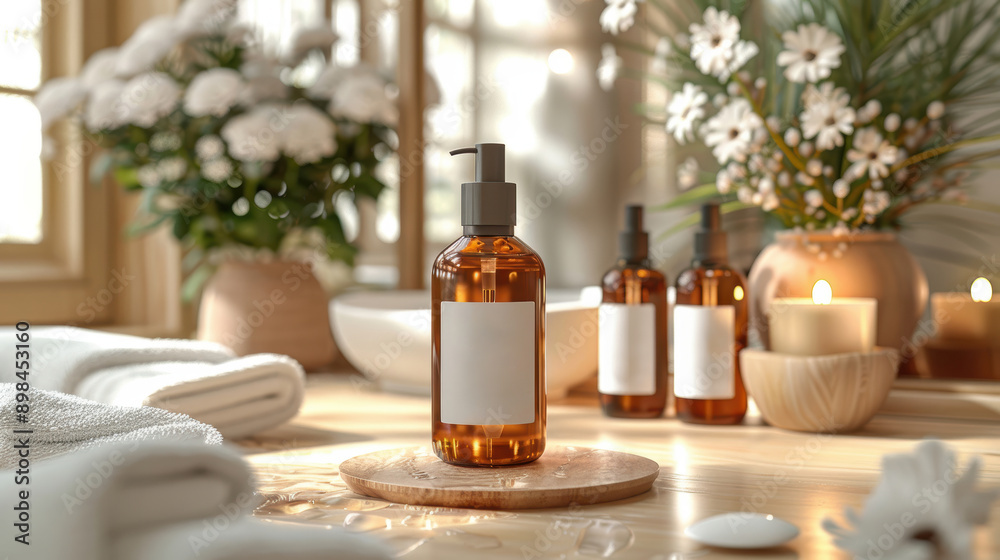 A bottle of soap is on a wooden table next to a vase of flowers. The bottle is labeled with the word A bottle of soap is on a wooden table next to a vase of flowers. The bottle is labeled with the word