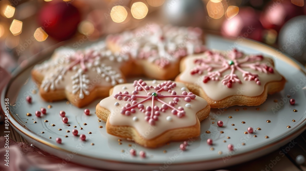 Festive Christmas Cookies Close-up on Table with Holiday Decorations in Background Festive Christmas Cookies Close-up on Table with Holiday Decorations in Background