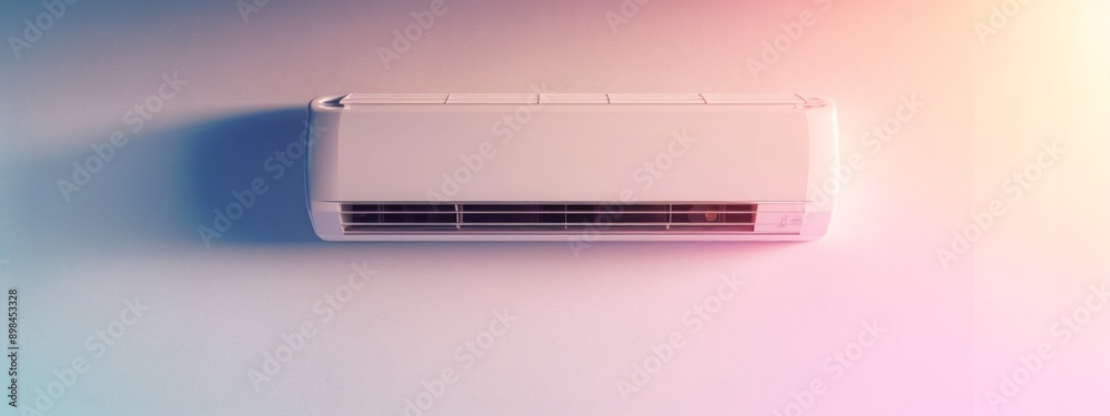 Wall-mounted white air conditioner on gradient background. Concept of home cooling, climate control, air conditioning, energy efficiency. Banner. Copy space Wall-mounted white air conditioner on gradient background. Concept of home cooling, climate control, air conditioning, energy efficiency. Banner. Copy space
