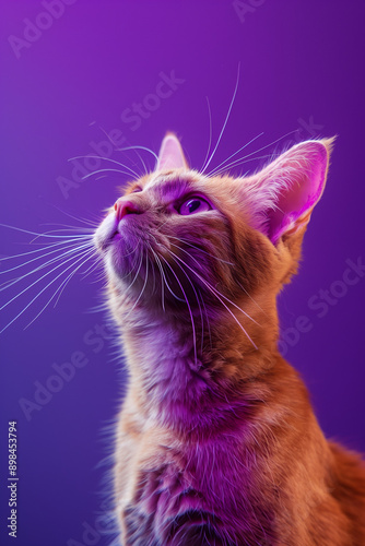 colorful image of cat in front of purple background studio shot