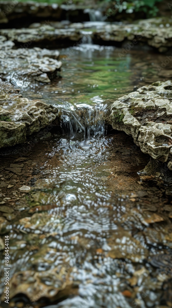 Fototapeta premium A serene image of a small natural stream of clear water flowing gently over rocky formations in a tranquil outdoor setting