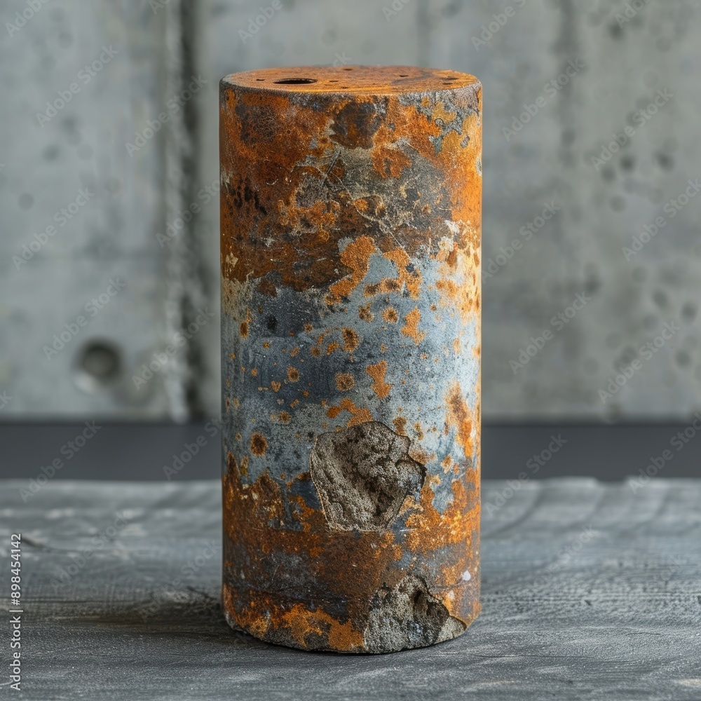 An old, cylindrical metal object covered in rust and imperfections, displaying various stages of corrosion and degradation, placed on a weathered wooden surface in front of a blurred concrete wall An old, cylindrical metal object covered in rust and imperfections, displaying various stages of corrosion and degradation, placed on a weathered wooden surface in front of a blurred concrete wall