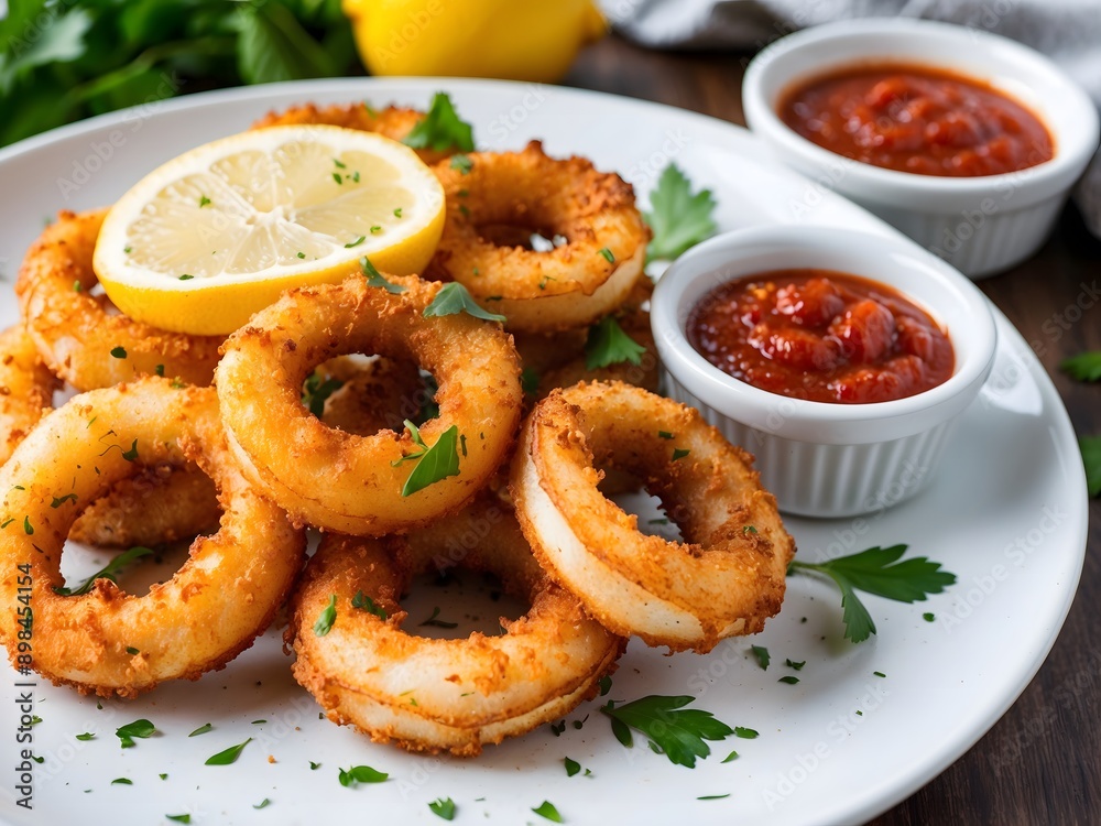 Fried squid or calamari rings with sauce. Ai Generative.