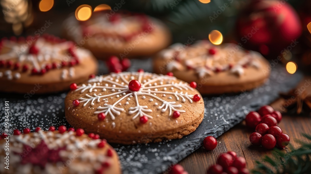 Festive Close-up of Christmas Cookies with Decorations Background Festive Close-up of Christmas Cookies with Decorations Background
