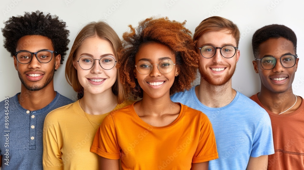 A joyful group of five young adults from diverse backgrounds wearing casual clothing and eyeglasses, standing side by side and smiling against a neutral background A joyful group of five young adults from diverse backgrounds wearing casual clothing and eyeglasses, standing side by side and smiling against a neutral background