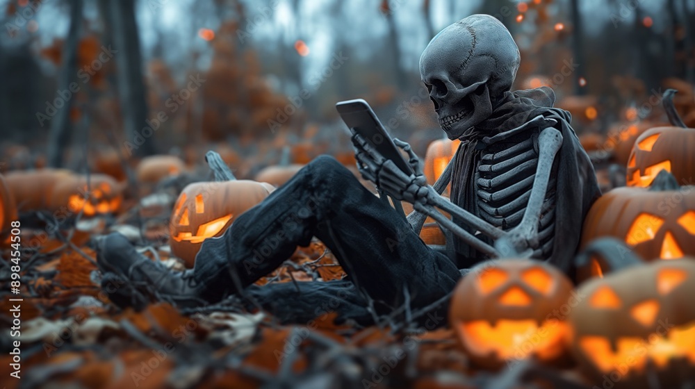 Skeleton sitting among illuminated jack-o'-lanterns in a dark, eerie setting and looking at a smartphone, representing a Halloween theme. Skeleton sitting among illuminated jack-o'-lanterns in a dark, eerie setting and looking at a smartphone, representing a Halloween theme.