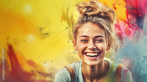 A Watercolour , Candid style, Happy smile of Attractive Teenager girl smiling broadly and looking to the camera , Colourful , youth day ,woman day