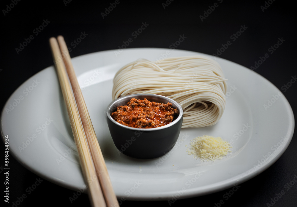 Noodles on a white plate with some chopsticks and a cup of meat sauce
Noodles on a white plate with some chopsticks and a cup of meat sauce