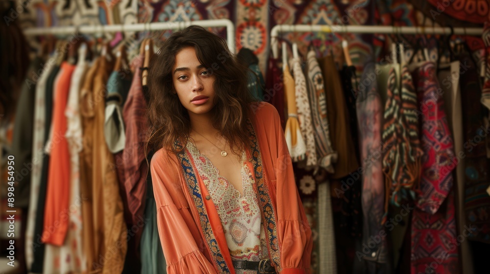 A young woman with long brown hair stands in front of a rack of colorful clothing, wearing a long-sleeved, orange embroidered jacket. Generative AI A young woman with long brown hair stands in front of a rack of colorful clothing, wearing a long-sleeved, orange embroidered jacket. Generative AI