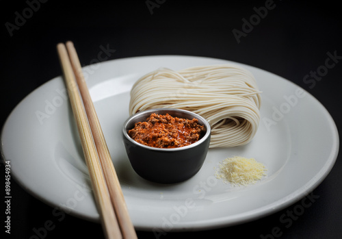Noodles on a white plate with some chopsticks and a cup of meat sauce
