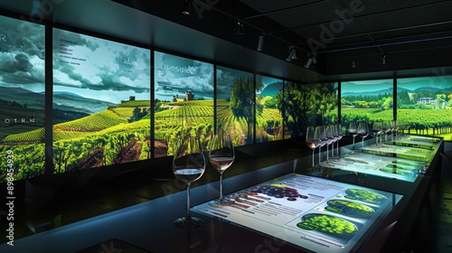 digital sommelier class where participants learn about wines from around the world, with screens displaying vineyards and tasting notes photo