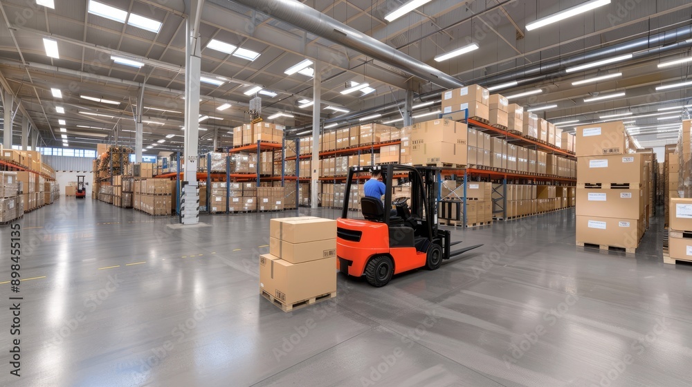 A forklift stands in a busy warehouse with rows of shelves stacked with boxes, while a pallet with three boxes sits in the foreground. A forklift stands in a busy warehouse with rows of shelves stacked with boxes, while a pallet with three boxes sits in the foreground.