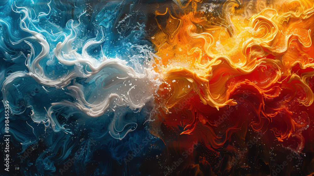 A painting of two flames with blue and orange colors. The blue flame is ...
