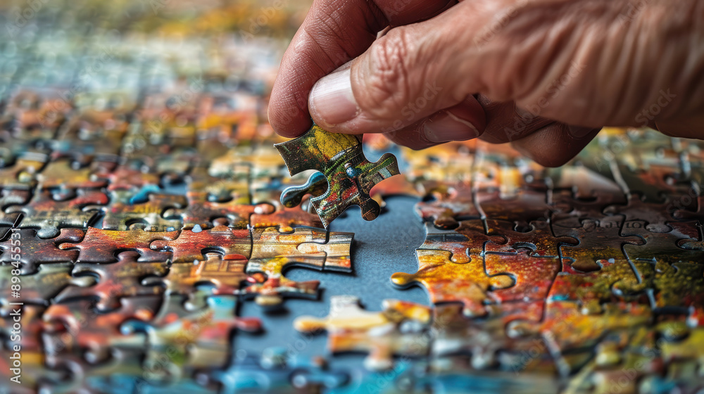 A hand is holding a puzzle piece and putting it into a puzzle. The puzzle is a colorful one with a blue background A hand is holding a puzzle piece and putting it into a puzzle. The puzzle is a colorful one with a blue background