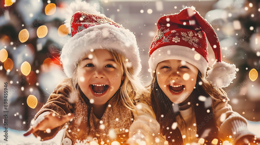 holidays, christmas, childhood and people concept - happy little girls in santa helper hats over snowfall background holidays, christmas, childhood and people concept - happy little girls in santa helper hats over snowfall background