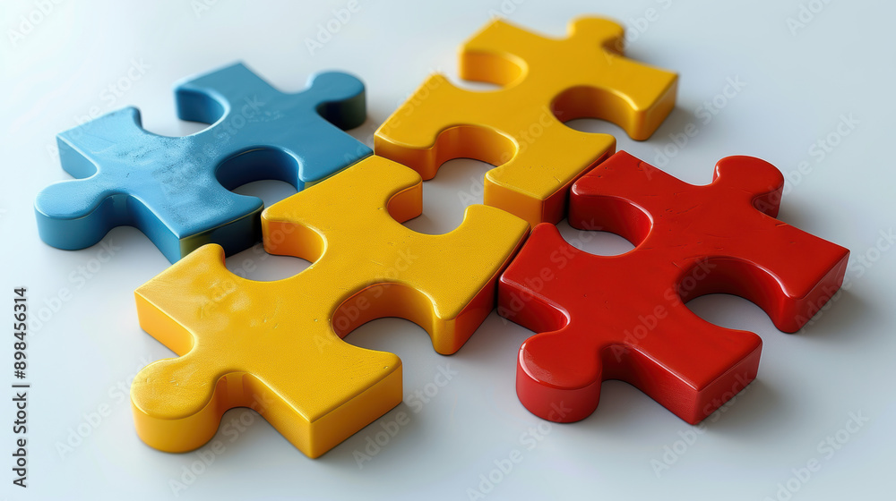 A puzzle with four pieces of different colors. The puzzle pieces are yellow, blue, red, and green
