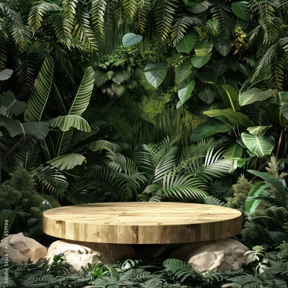 3D green wood podium amidst jungle foliage, product platform, lush nature display