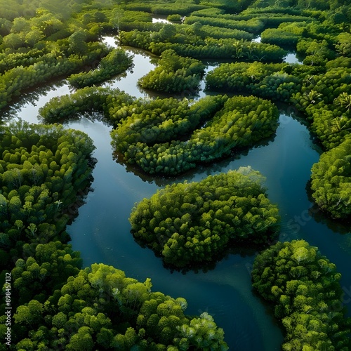 Aerial view of a dense mangrove forest with winding waterways.