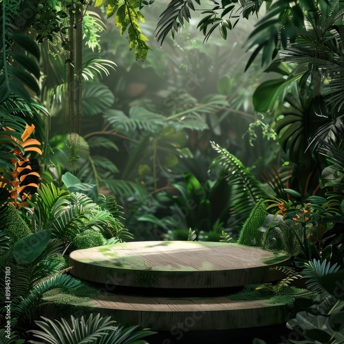 3D green wood podium amidst jungle foliage, product platform, lush nature display