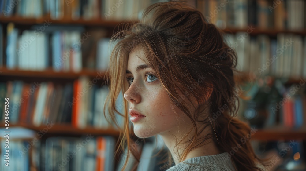A contemplative young woman with auburn hair glances thoughtfully to the side, surrounded by numerous bookshelves filled with various books, creating an intellectual atmosphere