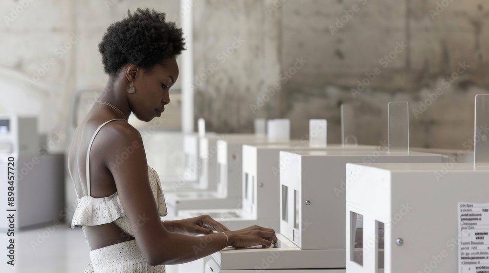 Adult Woman Using a Digital Voting Kiosk at a Modern Polling Station During the Day, Emphasizing Technology Integration in Voting Adult Woman Using a Digital Voting Kiosk at a Modern Polling Station During the Day, Emphasizing Technology Integration in Voting