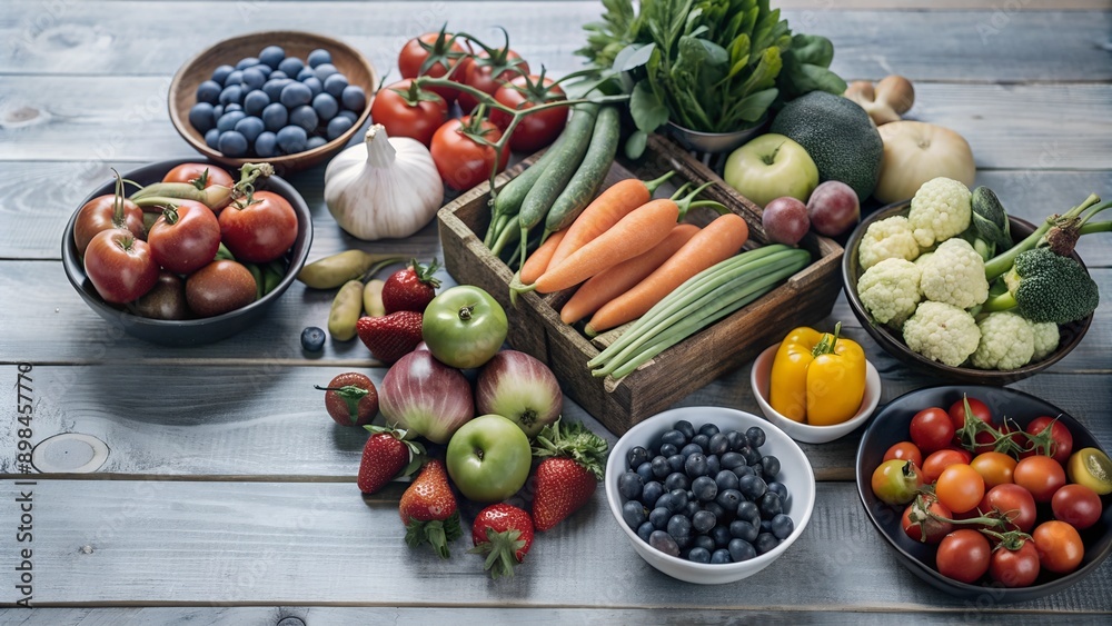 A variety of fresh fruits and vegetables neatly arranged on a wooden table.
