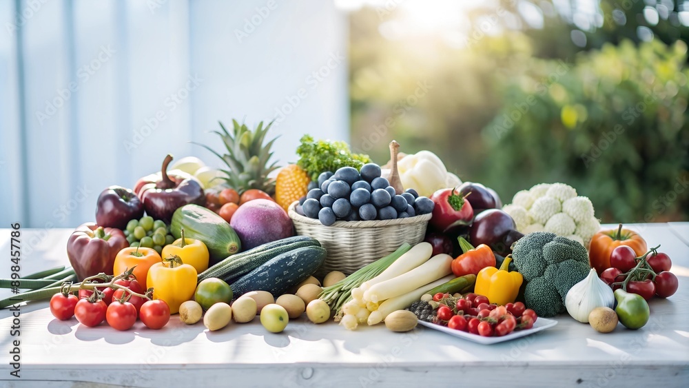 A variety of fresh fruits and vegetables neatly arranged on a wooden table.
A variety of fresh fruits and vegetables neatly arranged on a wooden table.