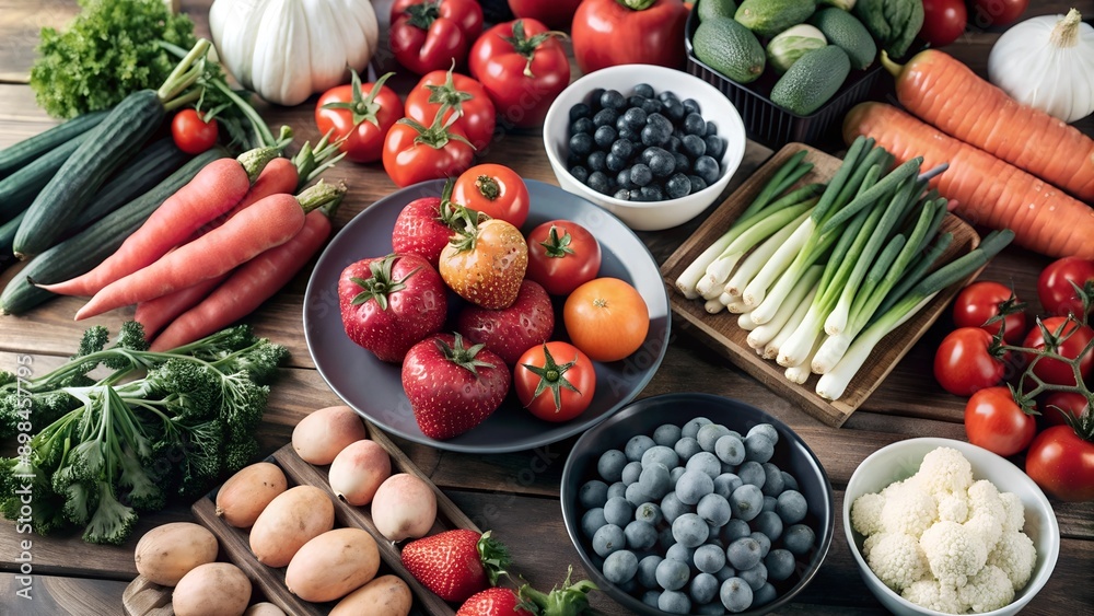 A variety of fresh fruits and vegetables neatly arranged on a wooden table.
A variety of fresh fruits and vegetables neatly arranged on a wooden table.