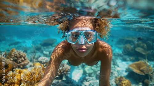 A woman snorkeling underwater, her face partially submerged, explores the vibrant and colorful coral reefs, capturing a moment of adventure and marine fascination.