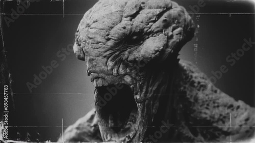 Old, grainy, black and white vintage footage of a scary alien creature. Close-up. Sci-fi horror movie theme. 