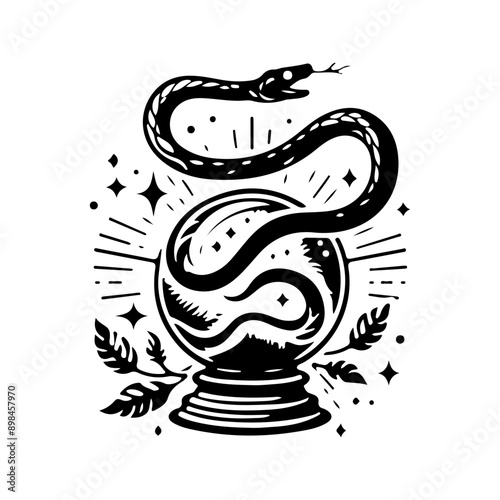 Mystical magic ball, crystal ball, witch ball, fortune telling, Magic Celestial Silhouette Tattoo design.