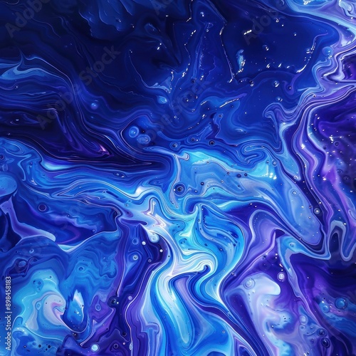 5. Iridescent blue liquid paint with swirling white and purple highlights, abstract pattern, vibrant and ethereal