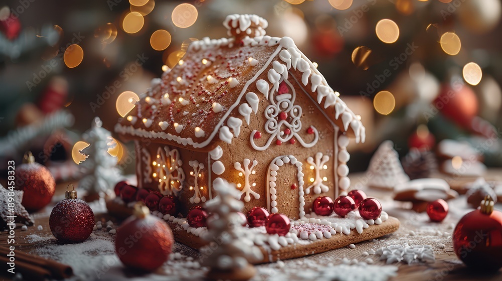 Festive Close-Up of Christmas Gingerbread House with Holiday Decorations and Lights Festive Close-Up of Christmas Gingerbread House with Holiday Decorations and Lights