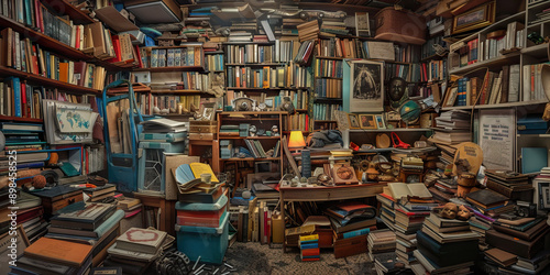 Curious Collection of the Hoarder: A cluttered, chaotic space filled with books, trinkets, and oddities.