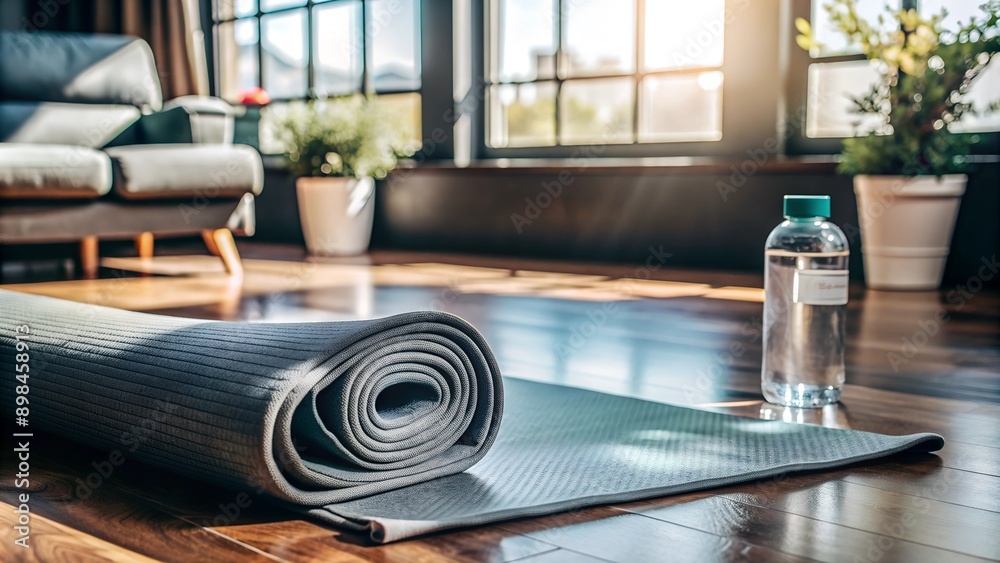 An unfolded yoga mat on the floor in a bright room, with a water bottle and towel nearby.
