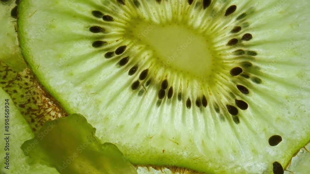 Macro shot of fresh juicy green kiwi slice moving against skylight, showing flesh and seeds with watery texture structure of fruit visible under light.