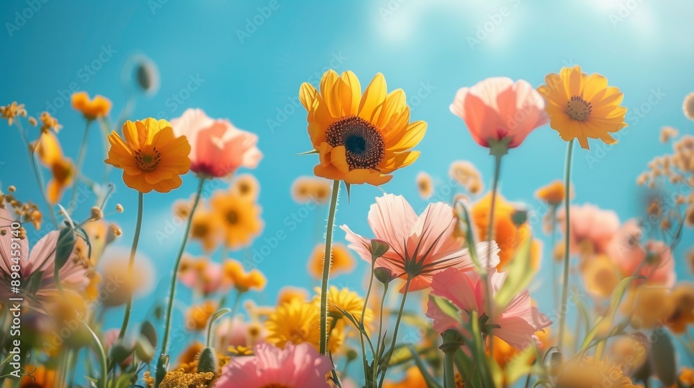 Obraz premium Vibrant Spring Flowers - Sunflowers and Poppies Against Blue Sky on a Bright Thanksgiving Day, Pastel Colors, Morning Light, Cheerful Mood
