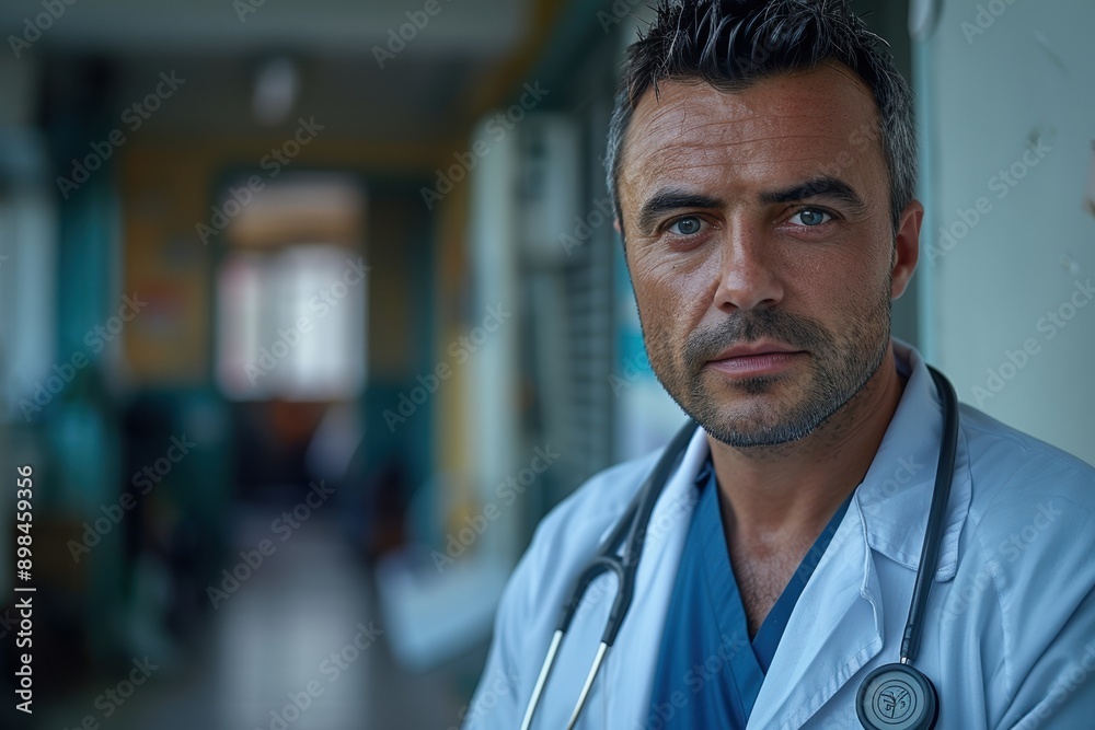A middle-aged male doctor with a stethoscope around his neck standing in the corridor of a hospital, looking directly at the camera with a serious expression A middle-aged male doctor with a stethoscope around his neck standing in the corridor of a hospital, looking directly at the camera with a serious expression