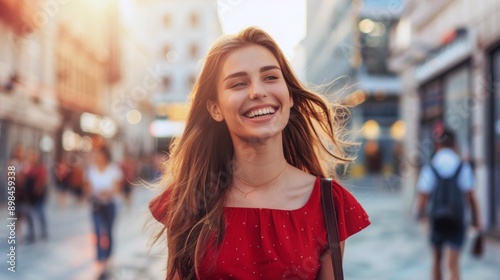 Joyful Caucasian woman with long hair in red dress smiling on a busy street. Concept of happiness, summer, city life, youthful energy