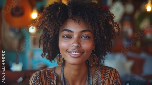 A woman with beautiful afro-textured hair, colorful earrings, and modern patterned attire is smiling warmly, creating a lively and welcoming atmosphere in a bright room. photo