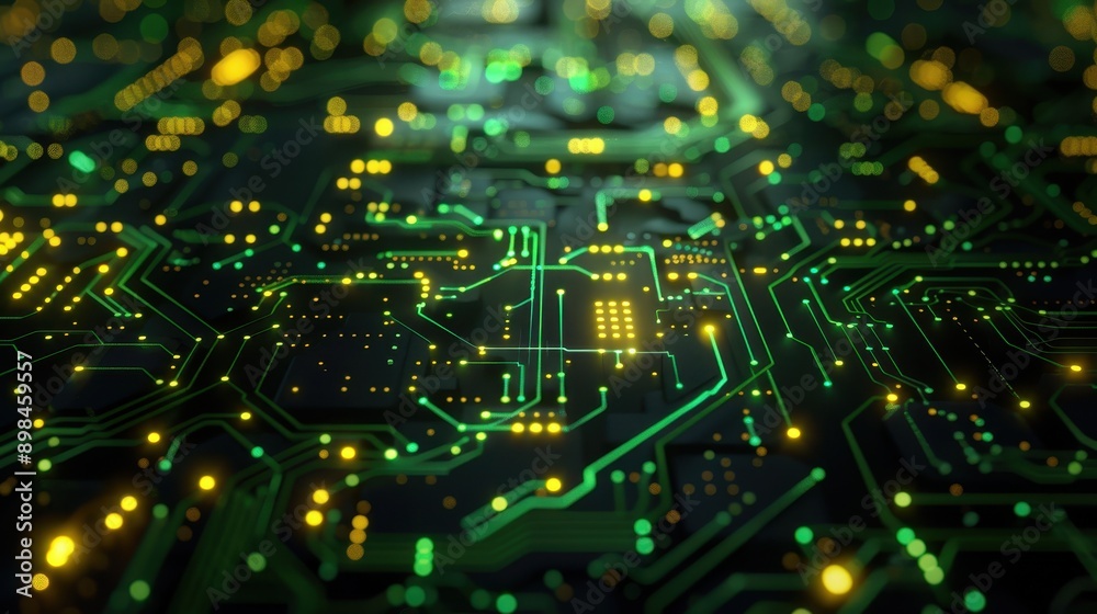 Glowing Green and Yellow Circuit Board Abstract Tech Wallpaper on Black Background Glowing Green and Yellow Circuit Board Abstract Tech Wallpaper on Black Background