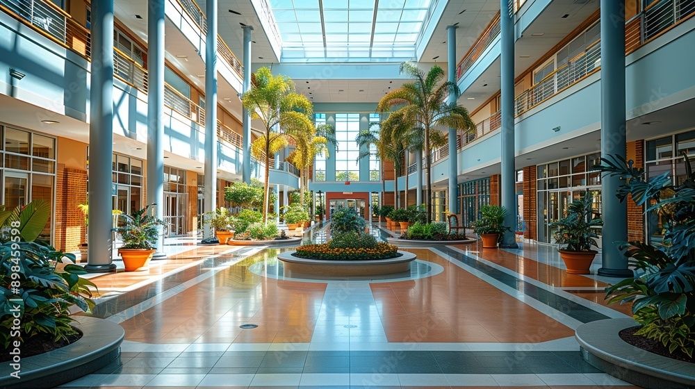 Spacious and modern indoor atrium with natural light, lush greenery, and seating area, embodying an inviting and vibrant atmosphere perfect for relaxation and socialization Spacious and modern indoor atrium with natural light, lush greenery, and seating area, embodying an inviting and vibrant atmosphere perfect for relaxation and socialization