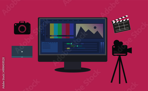 Video production, Editing Black Desktop icon, Clapper movie board,Videography, Editing mixer, video workshop, Video software on Black computer screen, Videomaking editing equipment