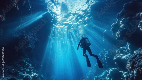 A lone scuba diver explores a deep underwater realm, illuminated by sun rays that pierce through the surface, highlighting the stunning blues and marine life in the aquatic world.