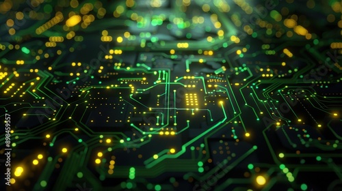 Glowing Green and Yellow Circuit Board Abstract Tech Wallpaper on Black Background photo