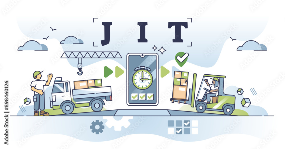 JIT or just in time delivery and warehouse management system outline concept, transparent background. Lean manufacturing strategy. JIT or just in time delivery and warehouse management system outline concept, transparent background. Lean manufacturing strategy.
