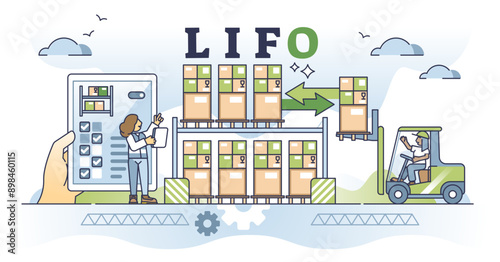 LIFO or last in, first out warehouse management system outline concept, transparent background. Inbound and outbound pallet flow guidance for effective transportation or goods delivery illustration.