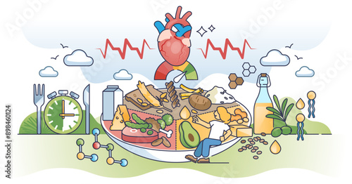 Healthy heart eating habits with balanced food products diet outline concept, transparent background. Plate division with meat, grain and dairy for cardiovascular wellness awareness illustration.