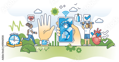 mHealth or mobile medical health control application outline concept, transparent background. Smartphone app with heart monitoring, pulse checkup in sport and hydration reminder illustration.
